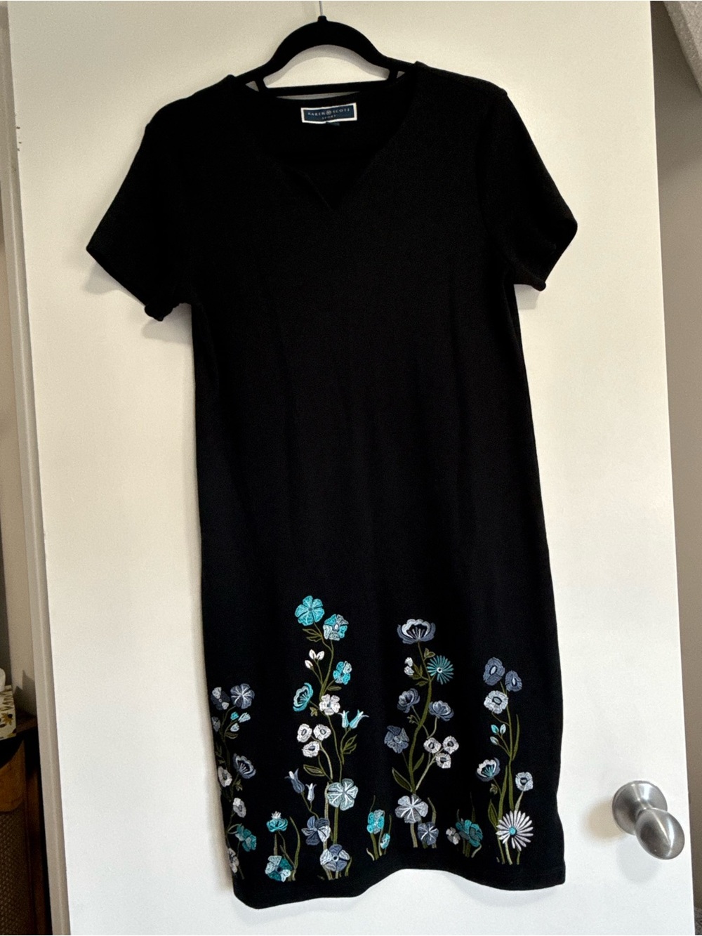 Karen Scott Black Midi Dress with Blue and White Floral Embroidery